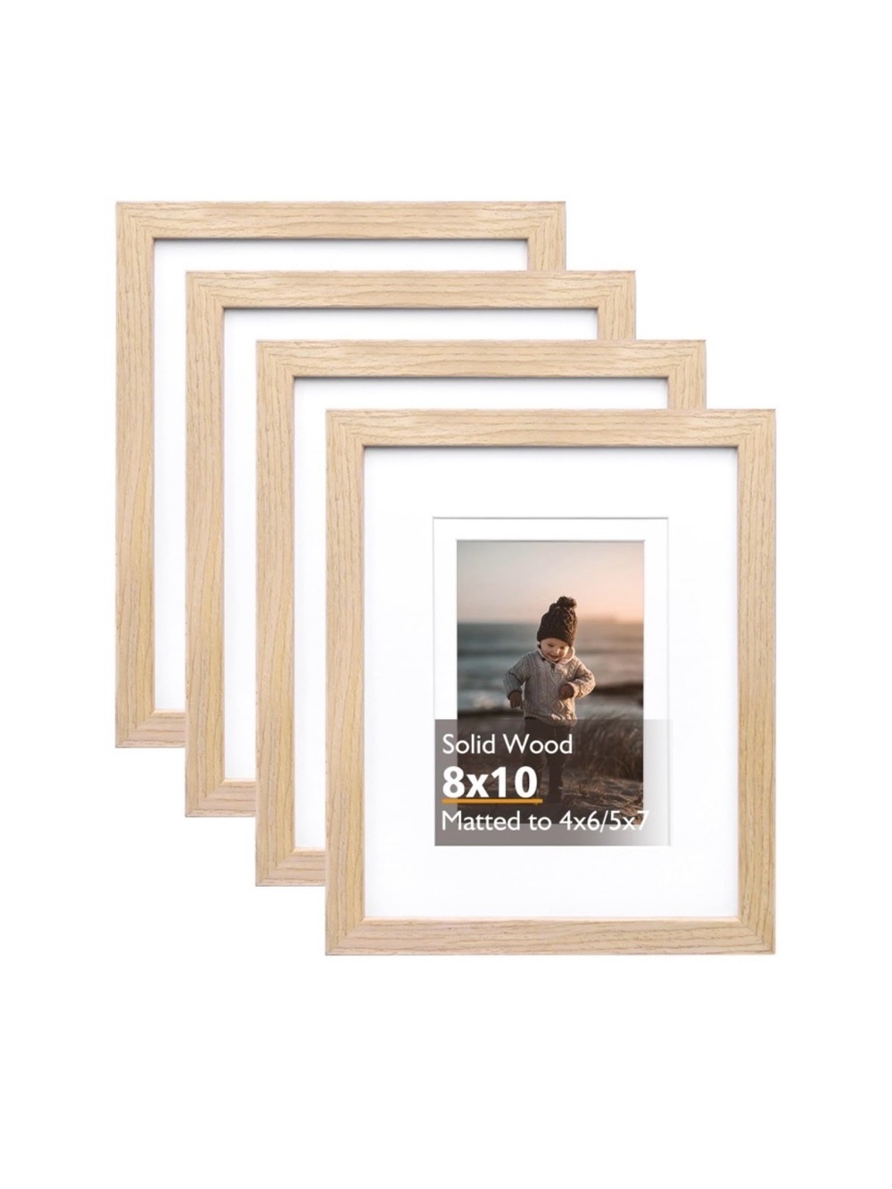 Solid Wood 8x10 Photo Frame with Mat in Natural Oak - Set of 4